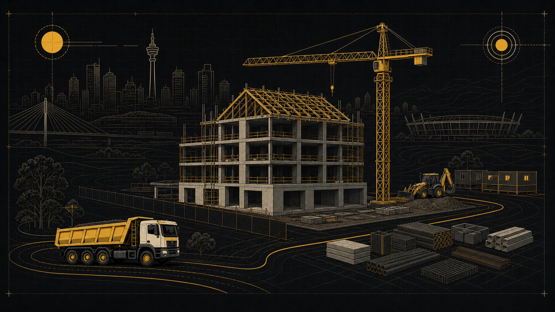 A Johannesburg construction site combines a building frame, crane, materials and transport route